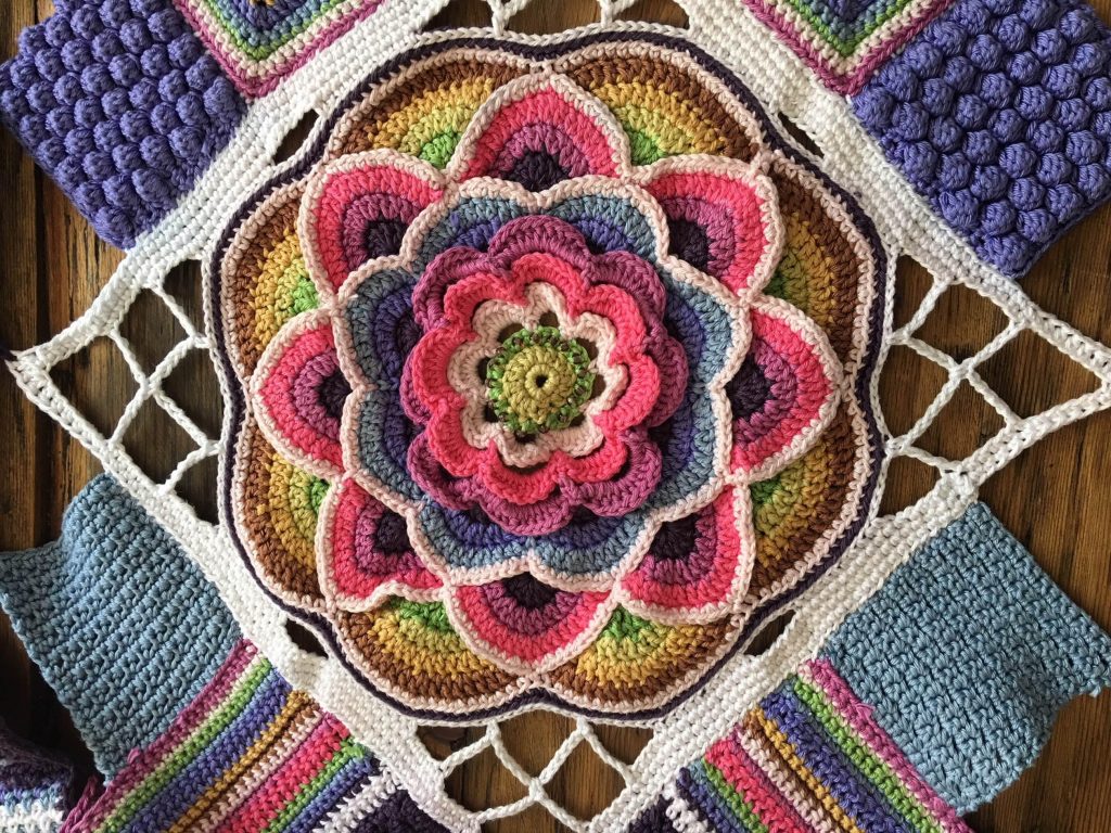 Intricate crocheted flower by knitting and crochet tutor at SST, Sally Hart