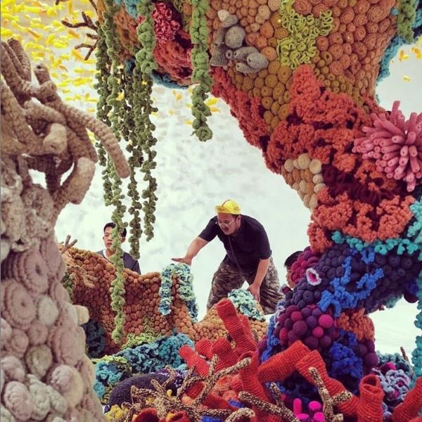 Mulyana with his underwater knitted creations