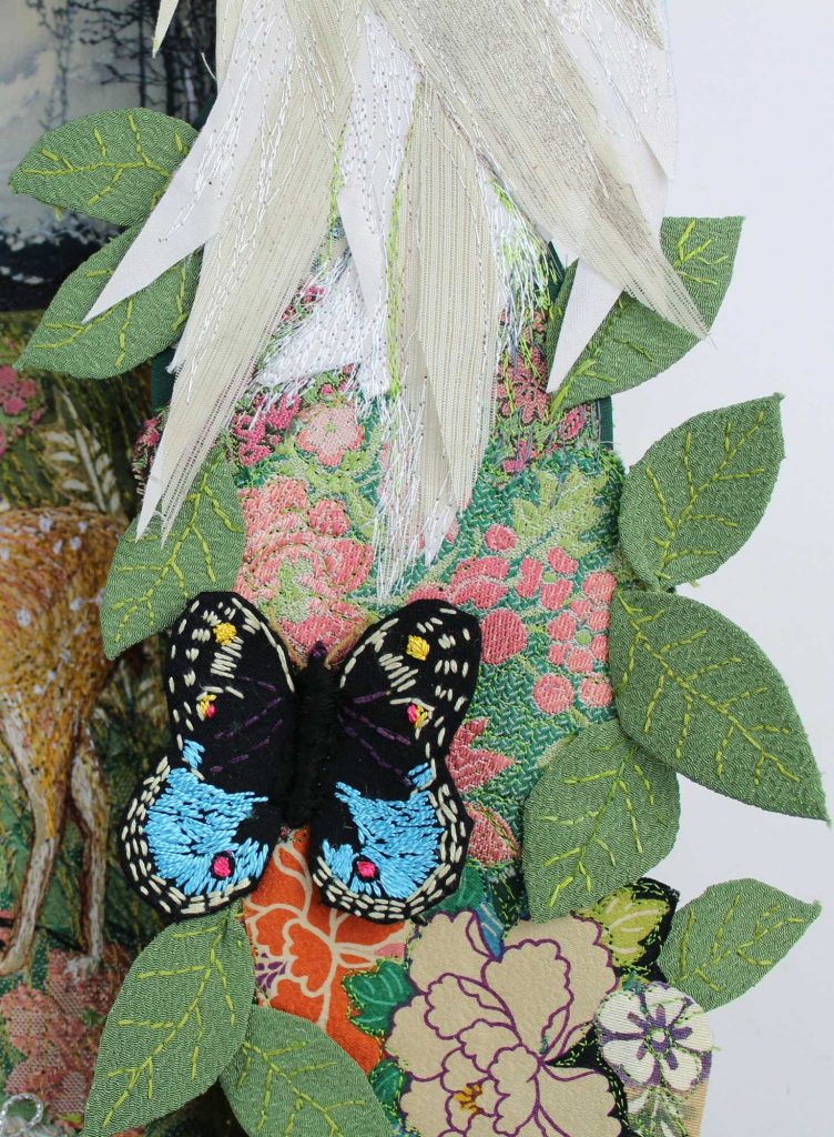 A close up of a butterfly detail fro Sylvia Paul's exhibition piece, Hiding From God