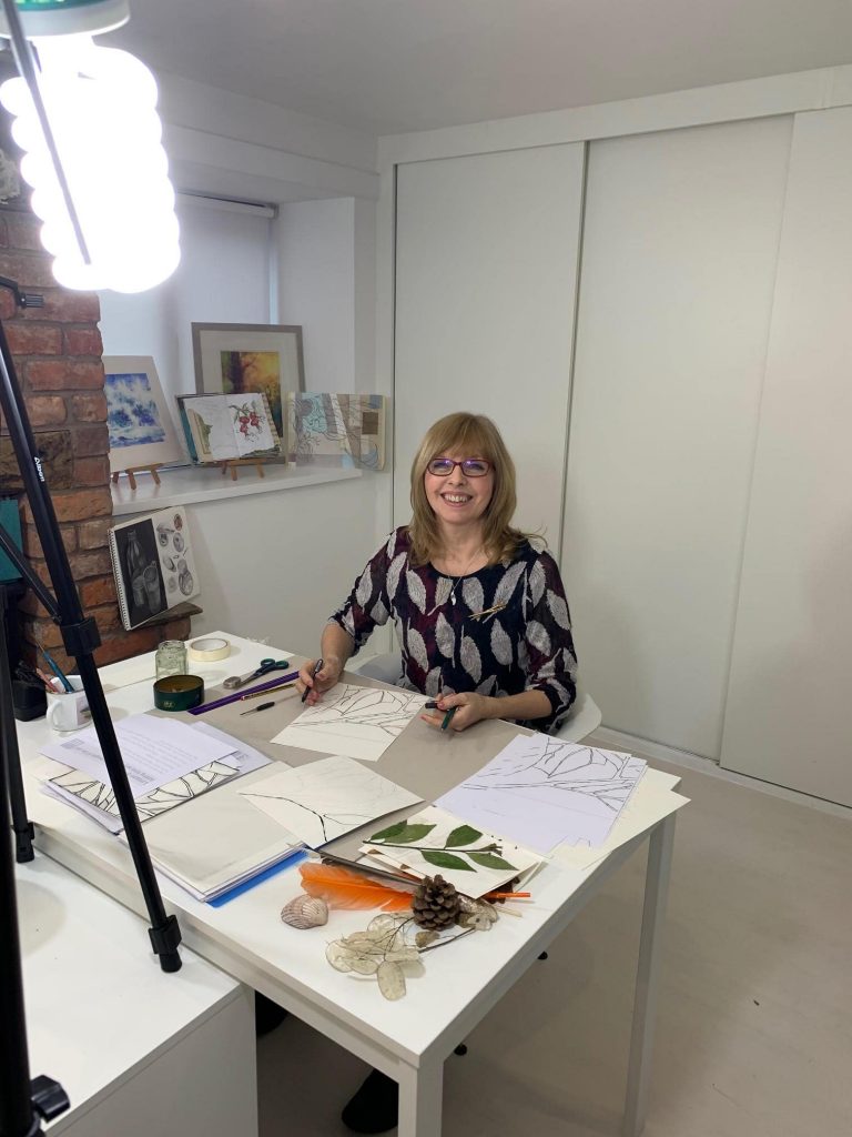 Ruth Clayton (Kidd) filming new drawing course the School of Stitched Textiles