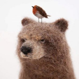 Felted bear with robin on his head by Lindsey Thomas